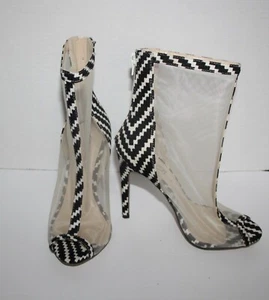 WILD ROSE BK27 BLACK/WHITE MOZAIC MESH PEEOP TOE STILETTO  BOOTIES (SZ:6) - Picture 1 of 9