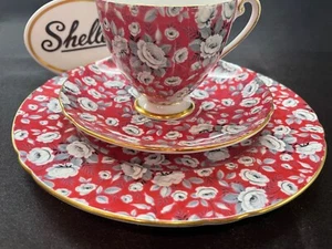 SHELLEY ROT GOBELIN ROSE CHINTZ * RIPON FUSS TASSE, UNTERTASSE & TELLER #14284 - Bild 1 von 10