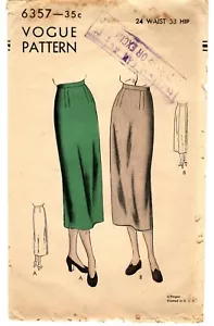 Vintage 1940s Vogue Sewing Pattern Women's SLIM SKIRT 6357 Waist 24" Hip 33" - Picture 1 of 5