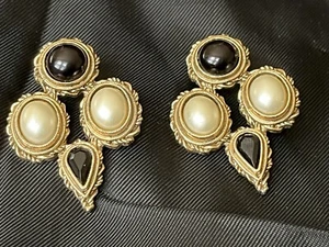 Large Statement Stud Earrings Black Rhinestones Faux Pearls & Enamel, Gold Tone  - Picture 1 of 10