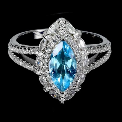 Anillo de plata de ley 925 marquesa topacio azul suizo piedras preciosas naturales talla 7,5 Foto 1 de 4