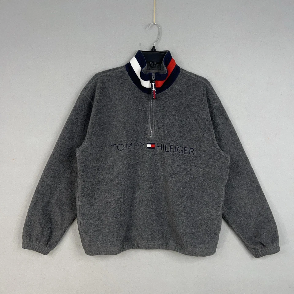 Vintage Tommy Hilfiger Sweater Mens Small Half Zip Fleece Mock Neck Spell Out - Image 1 of 4