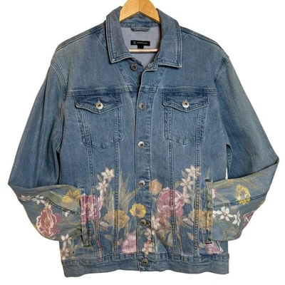 Chaqueta Denim Floral INC Botón Lavado Claro Frontal Mujer Grande Flores Pintadas Foto 1 de 4