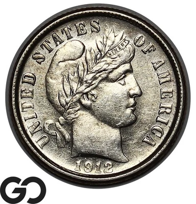 1912-D Barber Dime, Nice Mint Luster, Choice AU++ - Image 1 of 3