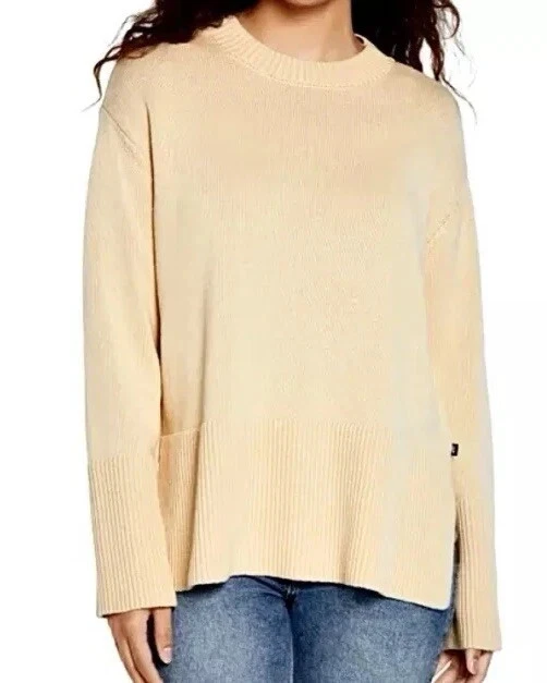 Gap Womens L Beige Cotton Long-Sleeve Sweater With Ribbed Hem & Side Slits