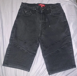 Guess Bradley Moto Black Denim Bermuda Shorts Mens Ribbed Knee Drawstring Size30 - Picture 1 of 9