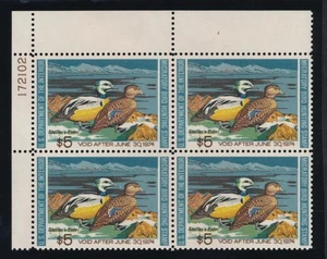UNITED STATES (US) RW40 MINT VF NH $5 EIDER, PLATE BLOCK - Picture 1 of 2