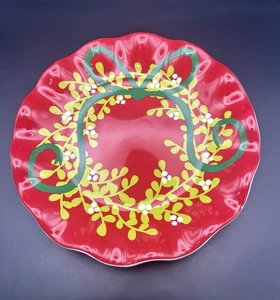 Laura Johnson Christmas Snack Plate Ruffled Edge Mistletoe & Bow 8.5” - Picture 1 of 4