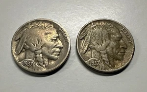 LOT OF (2) 1937 Buffalo Nickels NO MINT MARKS Fine FAST SHIPPING! - Bild 1 von 23