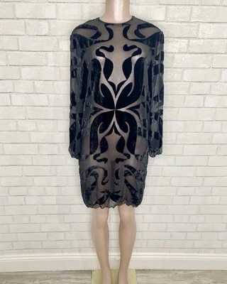 Vintage 90s Y2K  Black Sheer Velvet Burnout whimsigoth Short Dress Grunge Tunic - Image 1 of 4