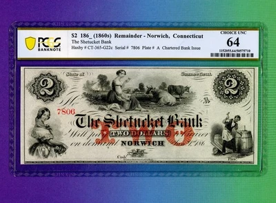 1860's $2 Norwich Connecticut Shetucket Bank US OBSOLETE CURRENCY NOTE PCGS 64 - Image 1 of 2