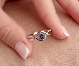 Simulated Blue Alexandrite & Clear White Moissanite Women Ring In 10K White Gold - Picture 1 of 3