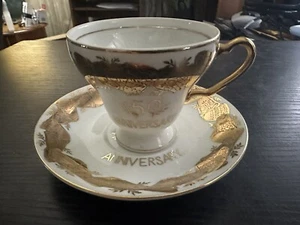 Norcrest Fine China - Golden 50th Anniversary Tea Cup & Saucer (Gold Bells) - Picture 1 of 10
