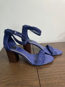 White House Black Market Margot Sandals 9.5  Blue Suede Ankle Strap Block Heel - Picture 1 of 9