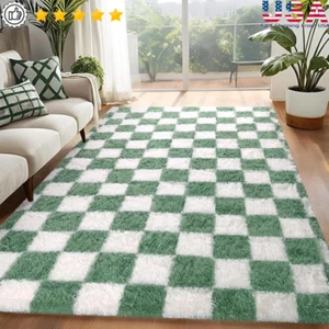 Fluffy Non-Slip Checkered Rug Soft Microfiber Carpet Washable Indoor Decor New - Picture 1 of 7