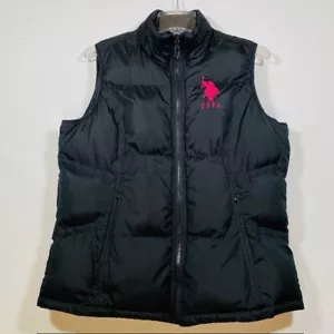 U.S. Polo Association Puffer Vest Size Large Black Zip Front Large Pink Pony - Picture 1 of 8