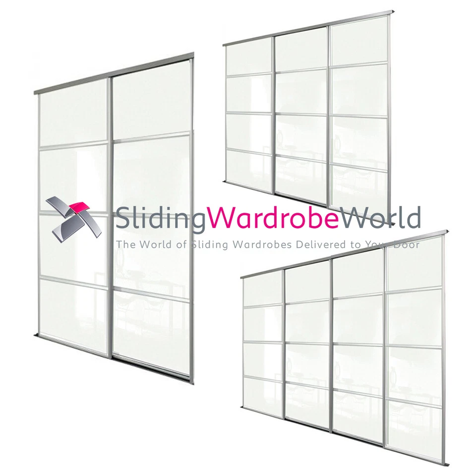 SpacePro SILVER Framed ARCTIC WHITE GLASS Sliding Door & track Kit - All sizes