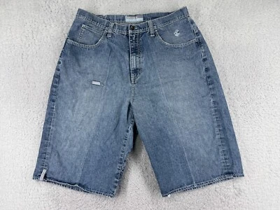 VINTAGE Rocawear Shorts Womens 38W Blue Denim Distressed Embroidered Ramie Blend - Image 1 of 4