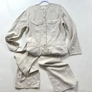 New Zara Cream Wide Leg Jumpsuit Coveralls Long Sleeve Linen Lyocell Cotton - Picture 1 of 8