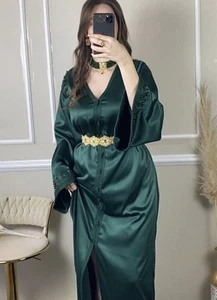 Moroccan Green Kaftan, Handmade Belted Caftab, Nikkah Caftan Abaya, Custom Made - Picture 1 of 2