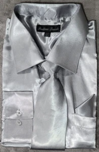 Men's Fashion Shiny Satin Dress Shirt With Tie And Handkerchief - Picture 1 of 3