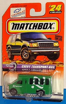火柴盒 1999 年快速交货 #24 雪佛兰运输巴士绿色国家租赁车 — 第 1/2 张图片