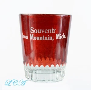 ANTIQUE whiskey SHOT GLASS slight amethyst IRON MOUNTAIN MICHIGAN ornate & clean - Picture 1 of 2