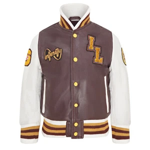 Chaqueta de cuero bombardero de vino para niños insignias universidad béisbol letterman - Imagen 1 de 7