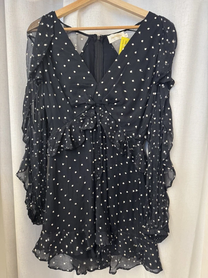 ZIMMERMANN Black White Polkadot Silk Romper Play suit Longsleeve Size 0 AU 6-8 - image 1 of 4