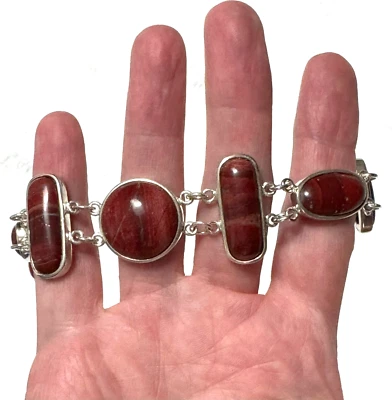 "Brazalete de eslabones de jaspe rojo de plata de ley 925 MK 925 China 7,75"""  Foto 1 de 4