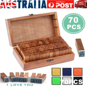 70pcs Wooden Rubber Alphabet Retro Stamp Set Upper/Lower Case Letters & Numbers - Picture 1 of 7