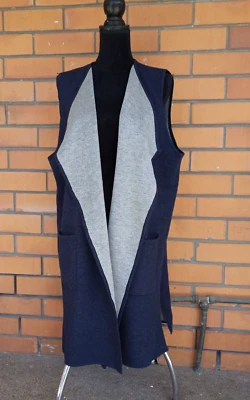 Maggie T Women Cardigan Sleeveless Knit Vest Navy Blue Grey Midi Size 2 AU 18 - image 1 of 4