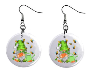 Gnome with Green Bumblebees Button Earrings Jewelry 1" Dangle MADE IN USA NEW - Picture 1 of 3