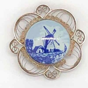 Plata esterlina azul y vintage Broche molino de viento Delft blanco porcelana holandesa - Imagen 1 de 3