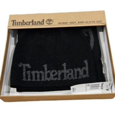 NOVO! Conjunto de chapéu e cachecol de malha TIMBERLAND masculino preto e cinza sistema operacional. - Imagem 1 de 4