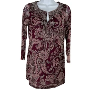 INC Burgunderrot Paisley Transparent Perlen V-Ausschnitt 3/4 Ärmel Bluse Tunika Größe Small EUC - Bild 1 von 9