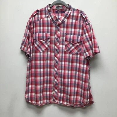 Camisa con botones Akoo para hombre roja blanca a cuadros manga corta bolsillos 100 % algodón 3XL Foto 1 de 4