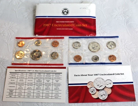 1987 P&D Mark US Uncirculated Mint Set In Envelope Of Issue 10 Coin Set Sealed Cover