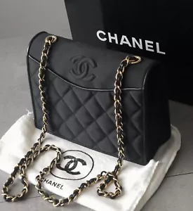 CHANEL ELEGANT  1980's QUILTED BLACK SATIN CHAIN LINK SHOULDER STRAP FLAP BAG - Picture 1 of 20