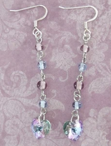 New Hand Designed OOAK Glass Bead Crystal Heart Love Earrings - Picture 1 of 3