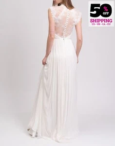 RRP€1495 CATHERINE DEANE Silk A-Line Wedding Gown UK10 US6 IT42 M Lace Trim - Picture 1 of 10