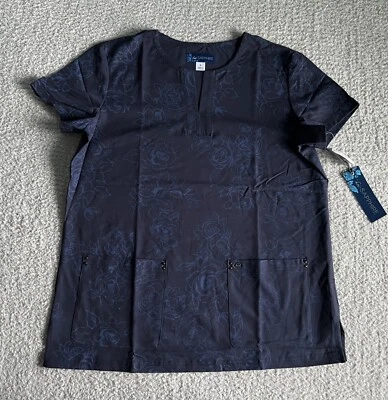 Koi Sapphire Scrub Top Women’s Sz Large Blue Jacquard Roses Nursing Medical - Image 1 of 4