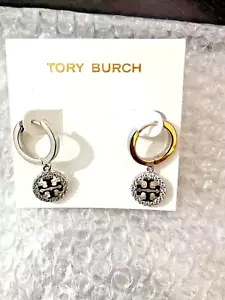 TORY BURCH ZIRCON INLAID HOLLOWWORK SILVER LOGO Earrings - Picture 1 of 2
