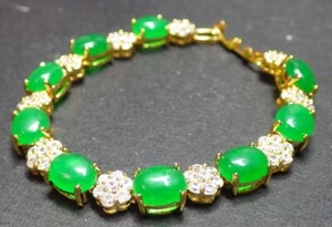 Green Jade Yellow Gold Plated Cabochon Imitation Diamond Flower Bangle Bracelet - Picture 1 of 12