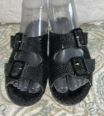 La Plume Sz 37 (6.5-7) Jen Black Snake Skin Double Strap Buckle Slides Sandals - Image 1 of 4