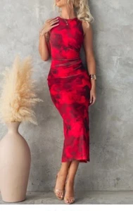 NEW TIGERMIST RED FLORAL MESH MIDI SHIFT DRESS 8 LAST1 - Picture 1 of 4