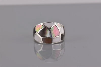 Anillo de plata esterlina de 15 mm con marco de mosaico de abulón con banda domo 9 g 925 talla: 8 Foto 1 de 4