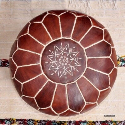 Moroccan Pouffe 24'' Boho New Unstuffed Pouf Brown Leather Ottoman Footstool - Image 1 of 4