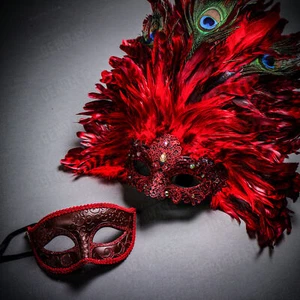 Large RED Feather Venetian Halloween Masquerade Ball Couple's Eyes Party Mask - Picture 1 of 2