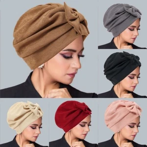 Muslim Women Hijab Hats Turban Pleated Bowknot Head Cover Beanie Indian Islamic - Picture 1 of 16